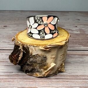 Silver Cigar Band with Enamel Flowers and Inlaid CZ